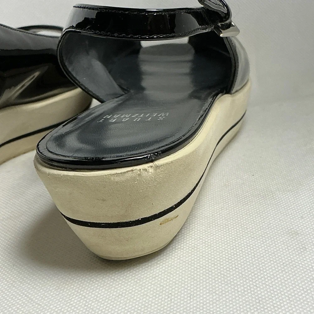 Stuart Weitzman Black Patent Platform Wedge Slingback Sandals Size 9 - Picture 11 of 15